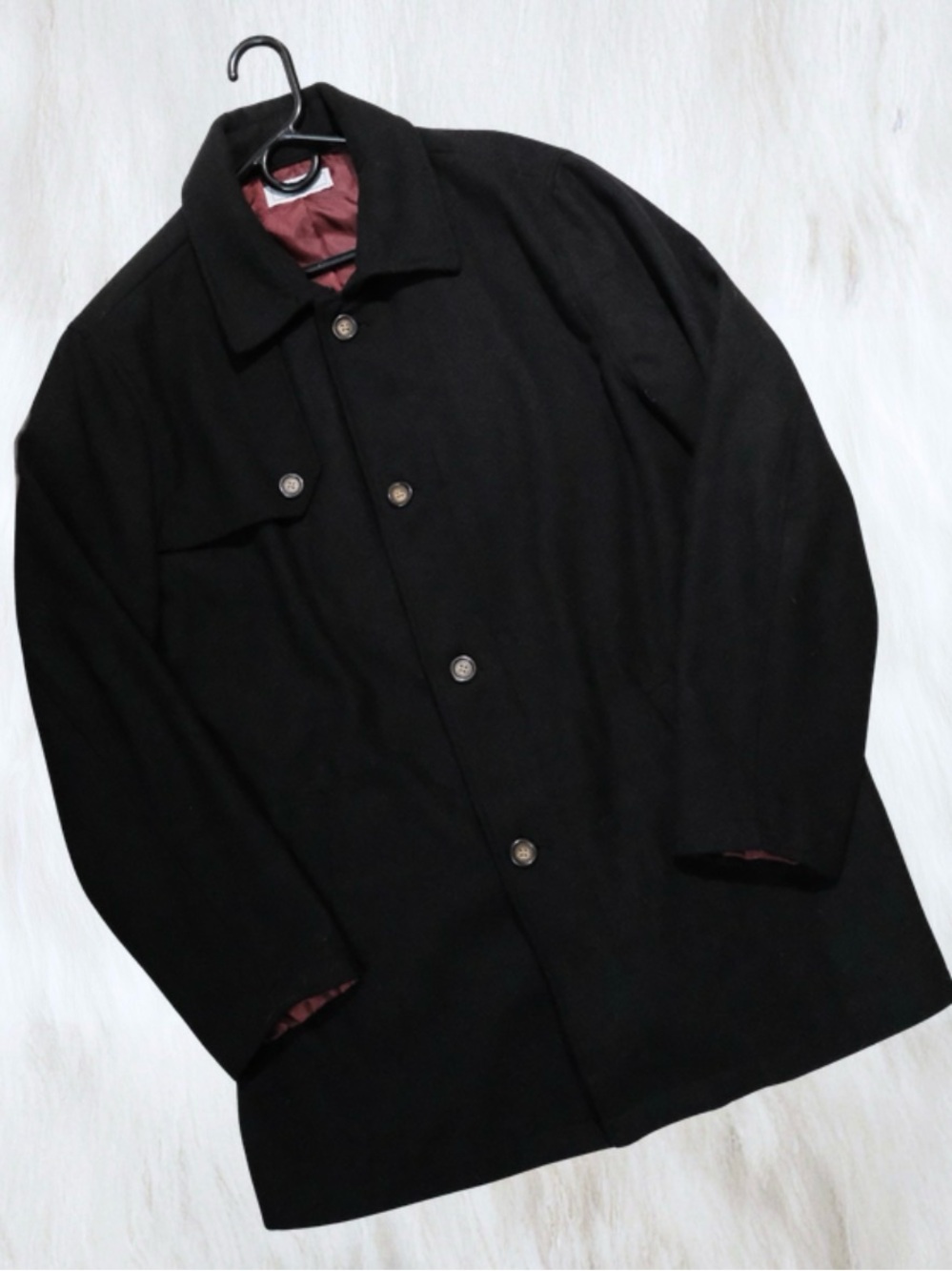 Five Four Men’s Black Wool Coat - Classic Button-Front Overcoat Size L